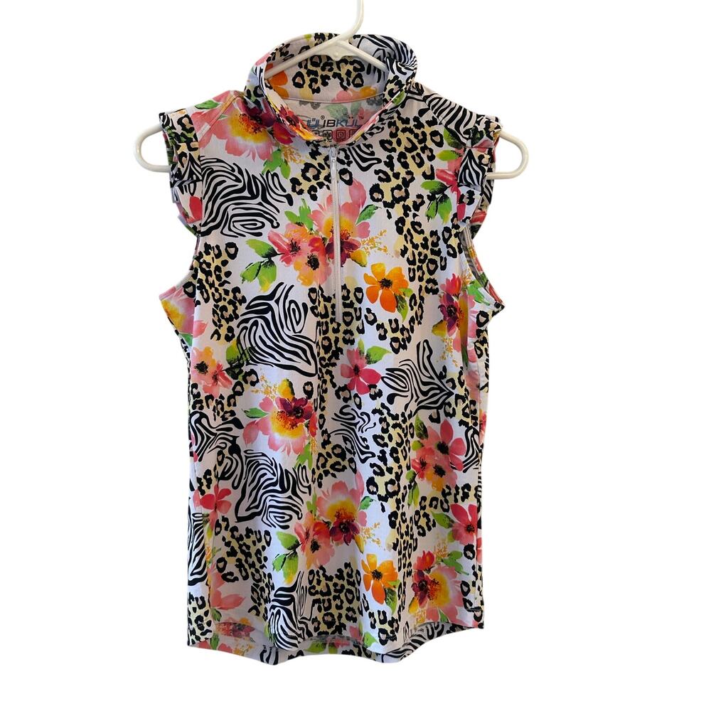 IBKUL Women’s Animal Floral Print Sleeveless Zip Golf Polo Top Size Small